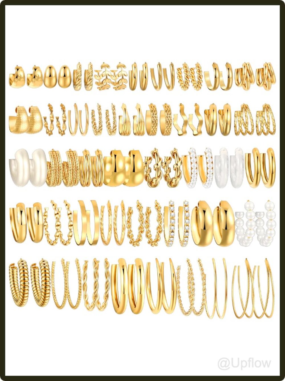 Women's Gold Hoop Earrings 42 Pair Set Hypoallergenic Pearl Twisted Chunky